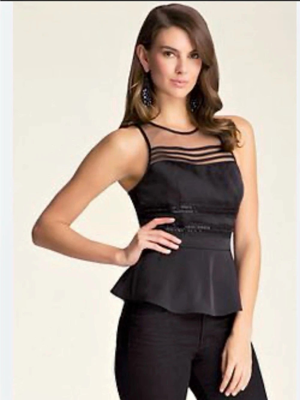 bebe Black Mesh Detail Peplum Tank Size XS Like New
